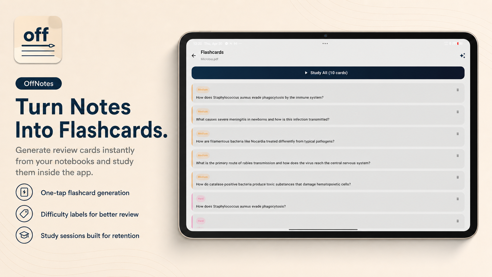 OffNotes flashcards study screen