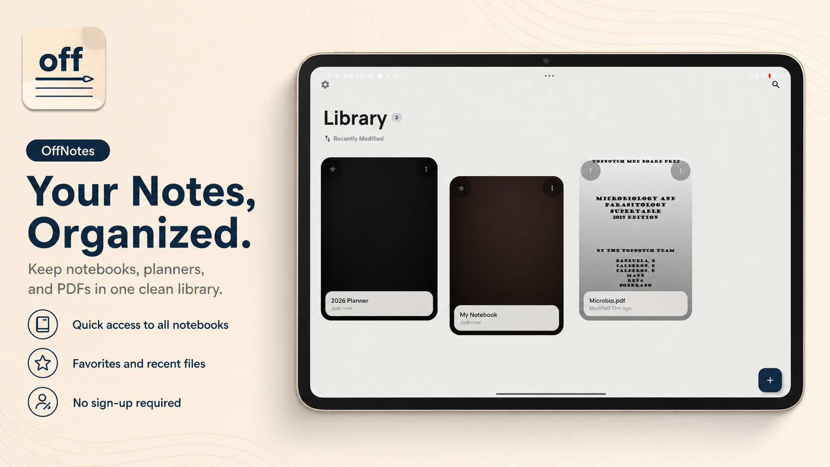 OffNotes library screen
