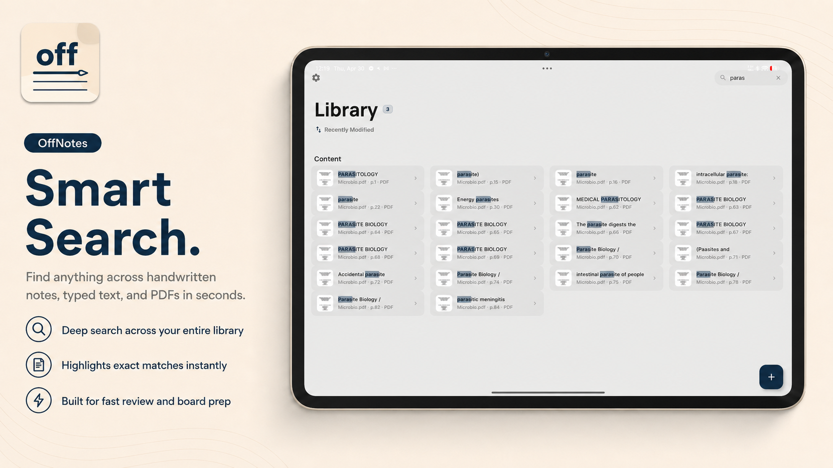 OffNotes deep search results