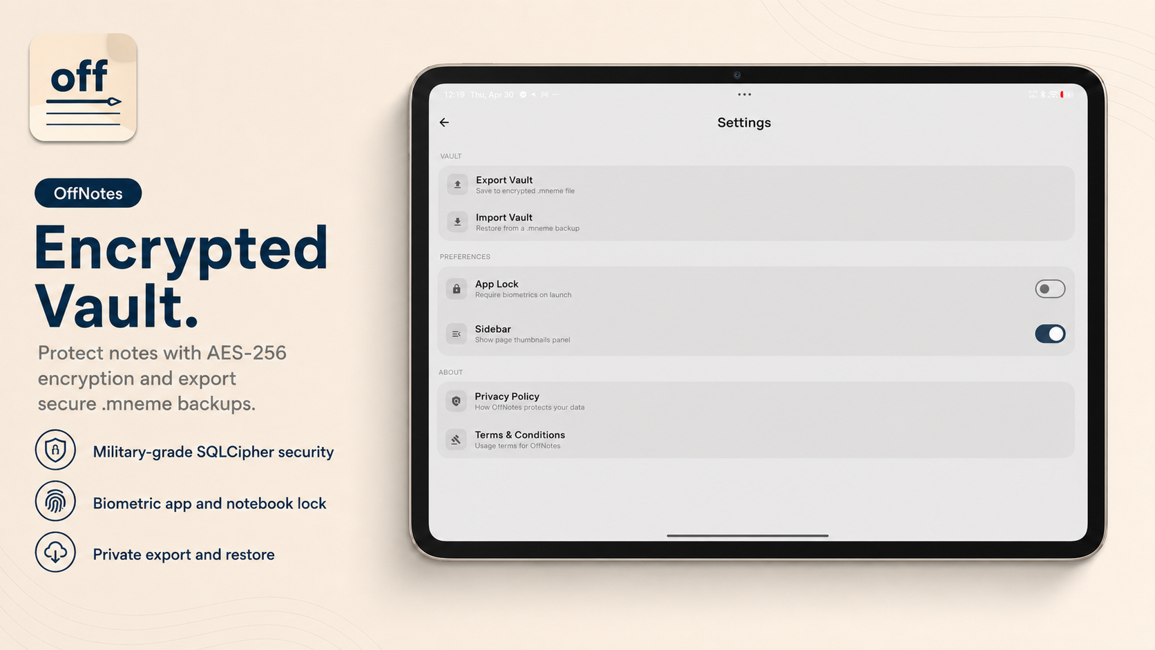 OffNotes encrypted vault settings